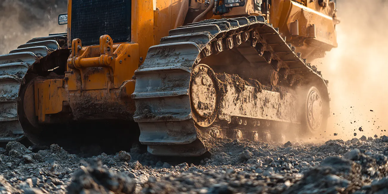 Dozer tracks throwing dust while working on a job site